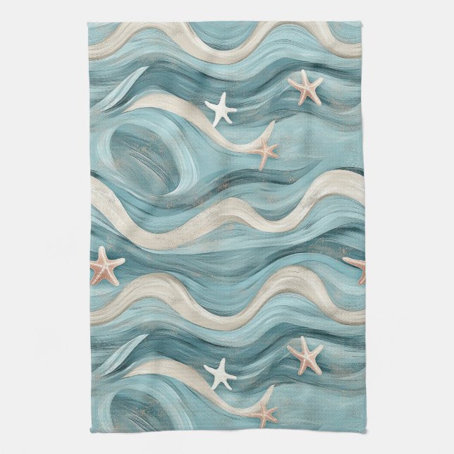 Linge De Cuisine Étoile de mer côtière sur motif de vagues de sable (Vertical)