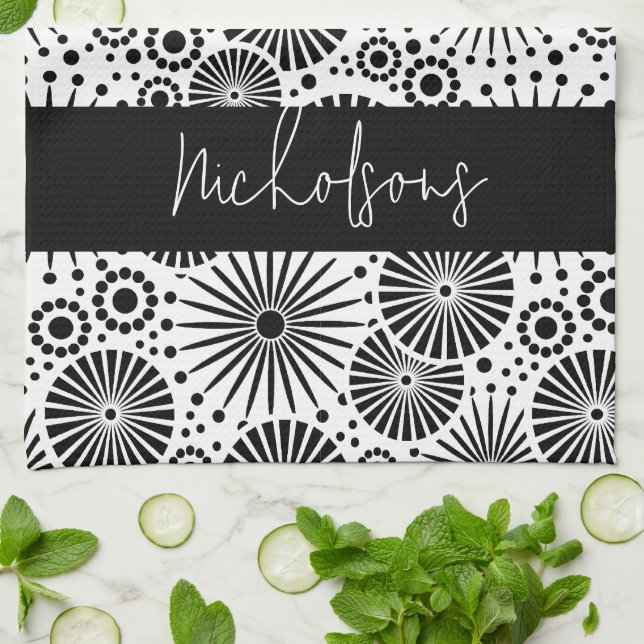 Linge De Cuisine Étoile moderne géométrique noir blanc Nom  (Plié)