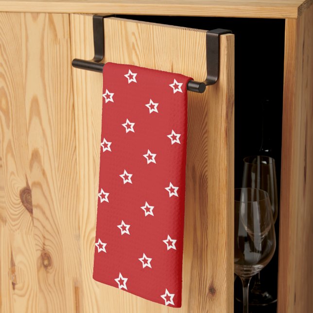 Linge De Cuisine Étoiles blanches sur motif rouge vif (Pliage en tiers)