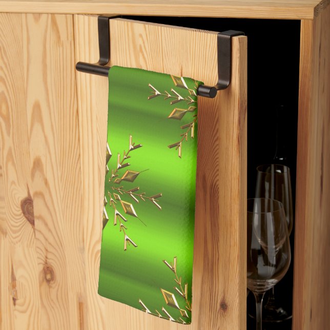 Linge De Cuisine Étoiles de Noël d'or sur Noël vert (Pliage en tiers)