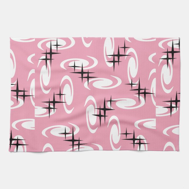 Linge De Cuisine Étoiles rétro de l'âge atomique Motif rose (Horizontal)