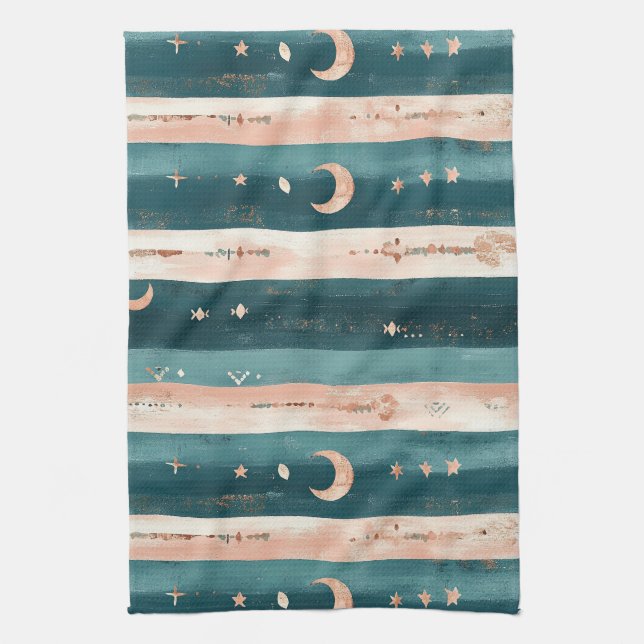 Linge De Cuisine Étoiles Tribales Clay & Teal et Rayure de Lune (Vertical)