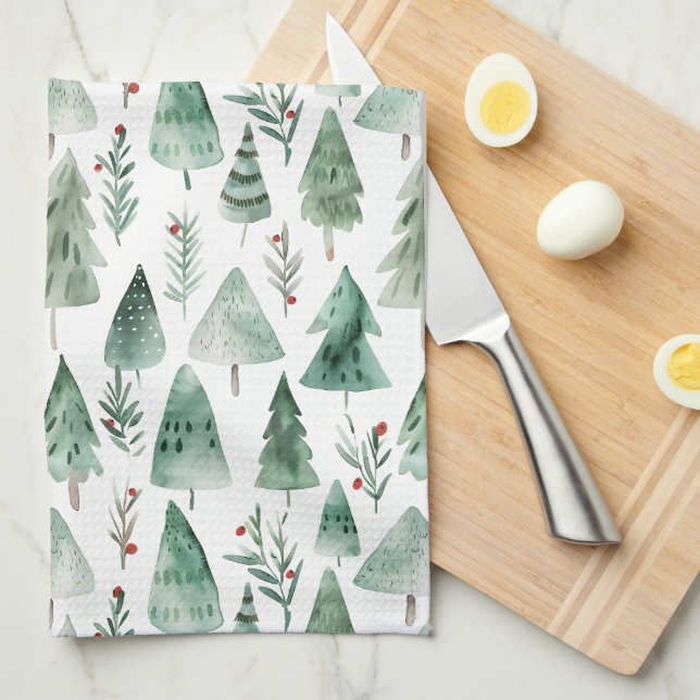 Linge De Cuisine Evergreen Forest Watercolor Kitchen Towel (Quart Plié)