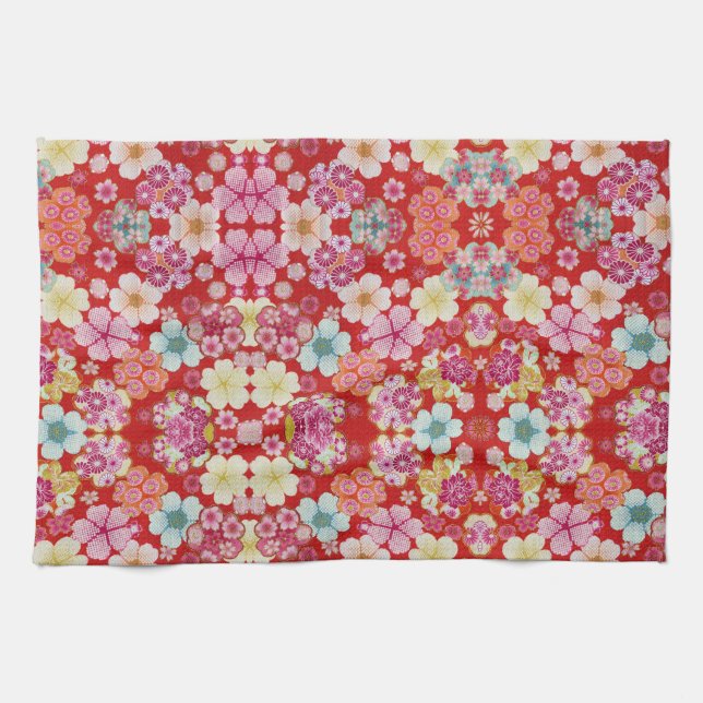 Linge De Cuisine Falln Crimson Floral Chirimen (Horizontal)