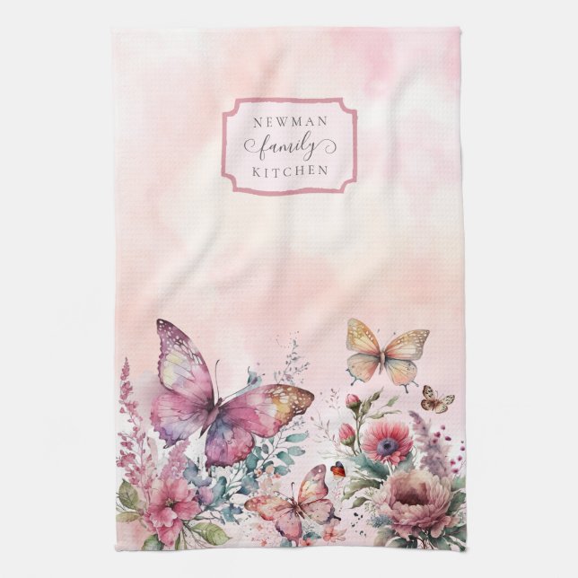 Linge De Cuisine Famille de fleurs sauvages de papillon rose-rose m (Vertical)