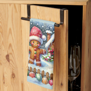 Linge De Cuisine Famille en pain d'épices Scène de Noël enneigée Bl