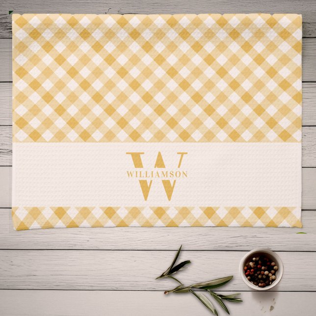 Linge De Cuisine Famille Monogramme Sunny Jaune Plaid Chic Farmhous (Créateur téléchargé)