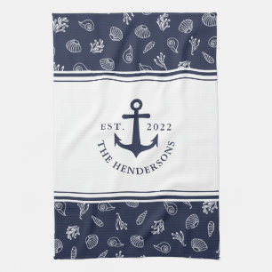 Linge De Cuisine Famille Nautique Blanc Marine Ancre bleue