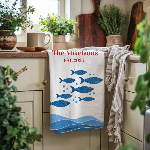 Linge De Cuisine Famille personnalisée Poisson bleu bleu moderne