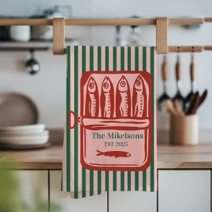 Linge De Cuisine Famille personnalisée Rétro Sardine Tin Stripes