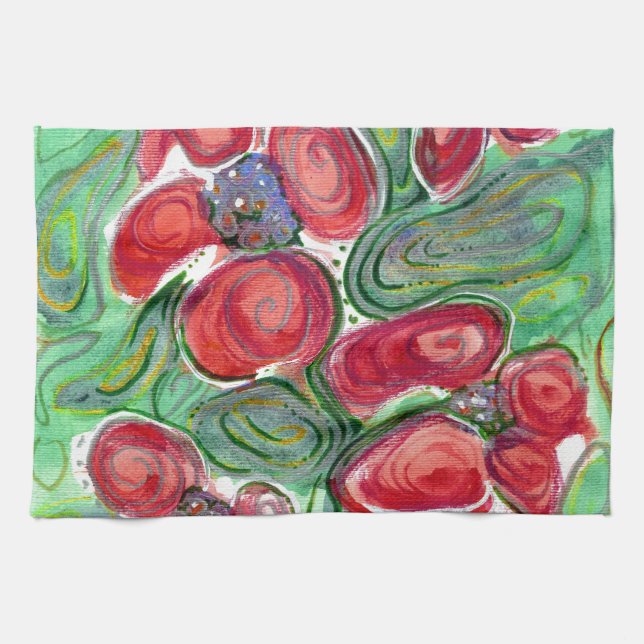 Linge De Cuisine Fantasie de fleurs rouges (Horizontal)