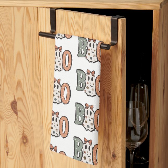 Linge De Cuisine Fantôme Boo Orange Vert Mignon Blanc Halloween (Pliage en tiers)