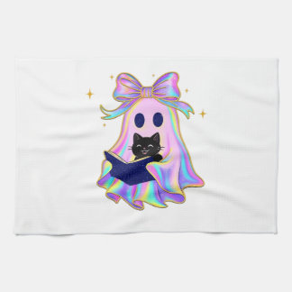 Linge De Cuisine Fantôme iridescent avec un livre et un chat noir C
