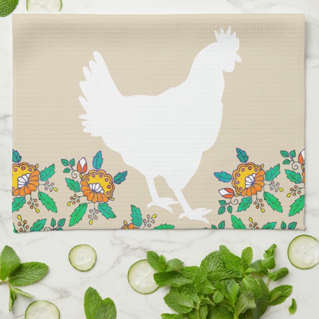 Linge De Cuisine Farmhouse Chicken Silhouette & Fleurs de Campagne (Plié)