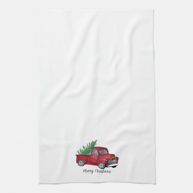 Linge De Cuisine Farmhouse Christmas watercolor red truck (Vertical)
