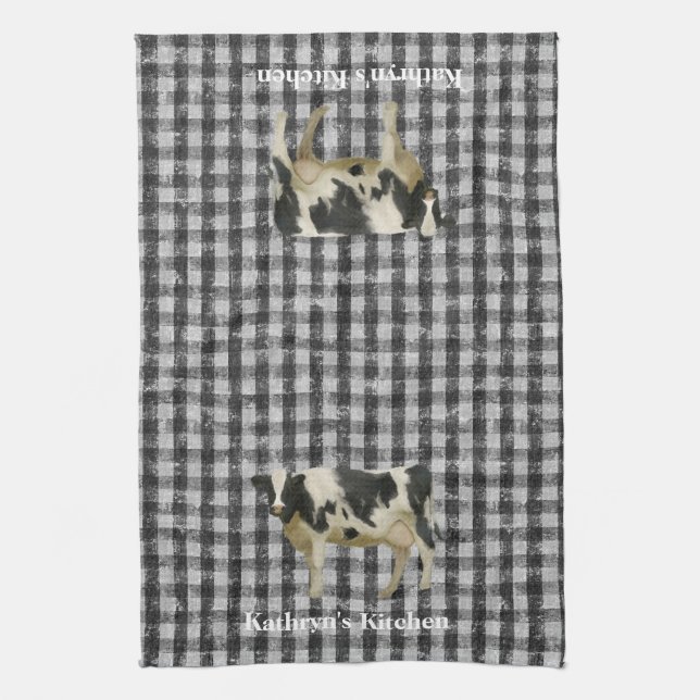 Linge De Cuisine Farmhouse Gingham check Rustic Black White Cow (Vertical)