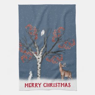 Linge De Cuisine Faune de Noël en hiver dans le flocon de neige
