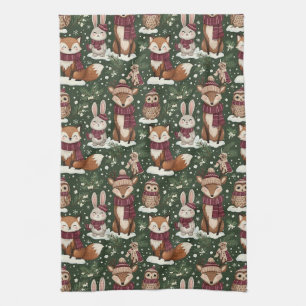 Linge De Cuisine Faune hivernal avec renards, cerfs et hiboux