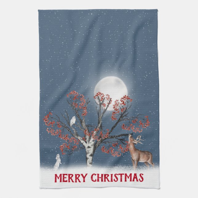 Linge De Cuisine Faune hivernale de Noël avec lune (Vertical)