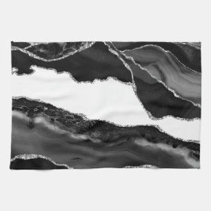 Linge De Cuisine Faux Marbré Agate noir blanc pierre moderne à la