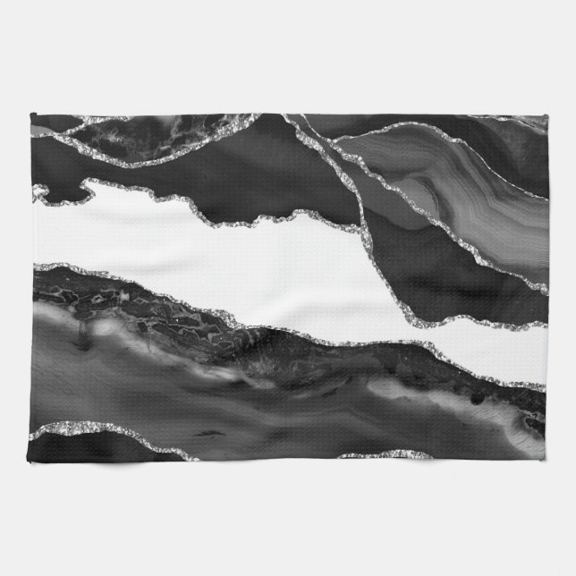 Linge De Cuisine Faux Marbré Agate noir blanc pierre moderne à la m (Horizontal)