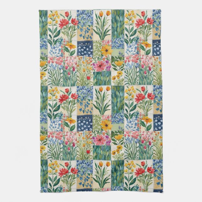 Linge De Cuisine Faux Patchwork Fleurs de Jardin Rétro Élégant Joli (Vertical)