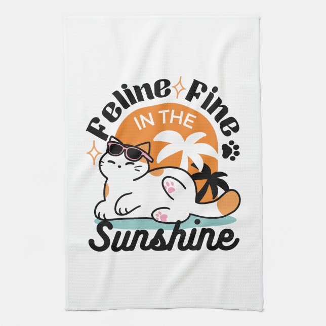Linge De Cuisine Feline fin au soleil - Chat Tropical relaxé (Vertical)