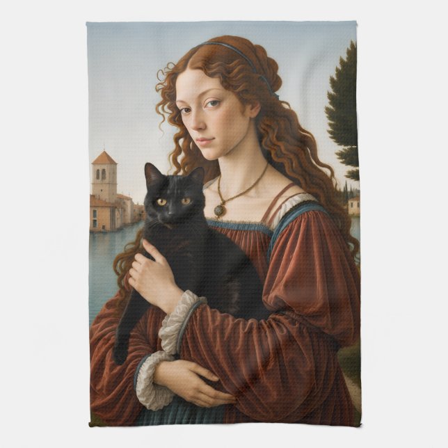 Linge De Cuisine Femme de la Renaissance avec un chat noir (Vertical)