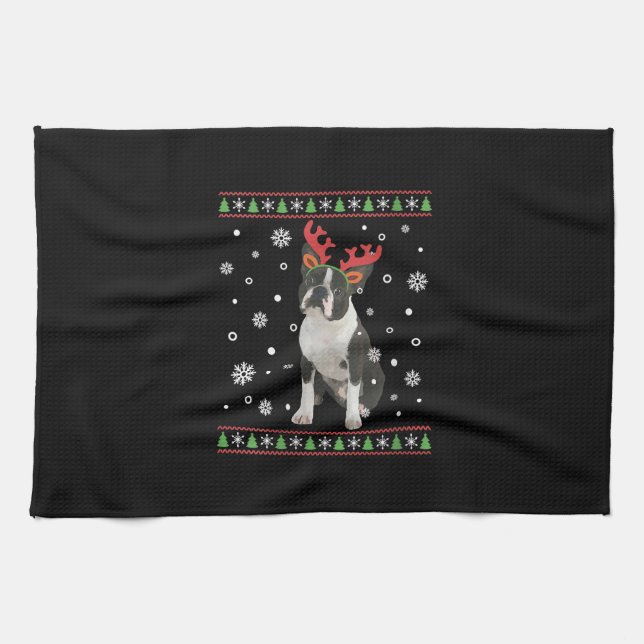 Linge De Cuisine FEMMES Boston Terrier Xmas laide de Noël (Horizontal)