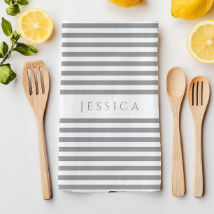 Linge De Cuisine Ferme Gris et Blanc Motif rayé