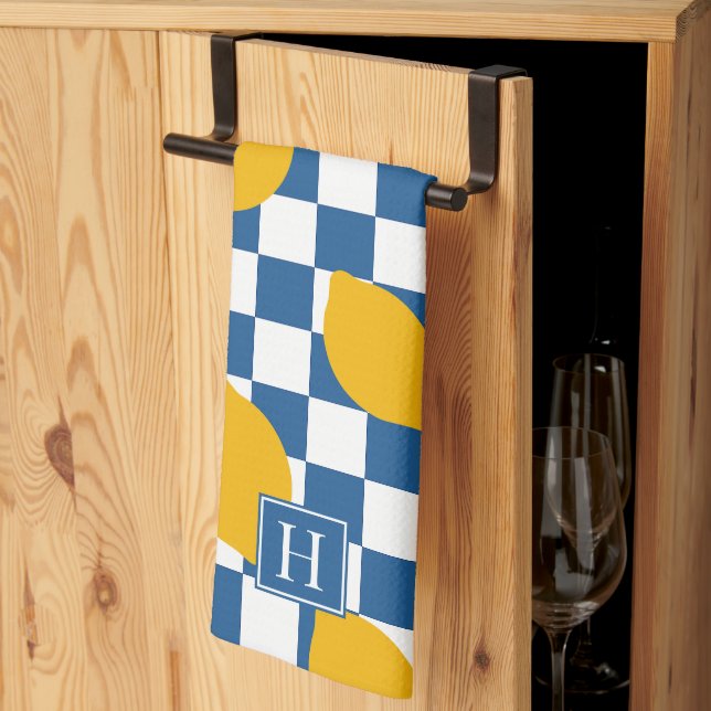 Linge De Cuisine Ferme Rustique Maison Citron Bleu Blanc Monogramme (Pliage en tiers)
