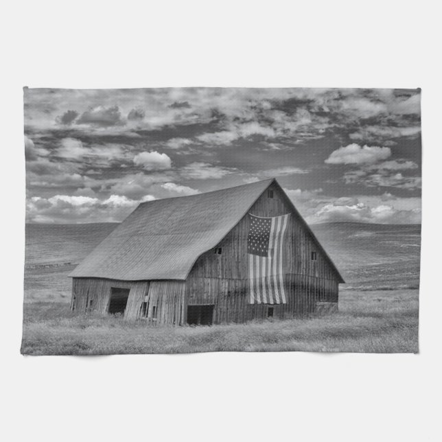 Linge De Cuisine Fermes | BW American Flag Barn Scene (Horizontal)