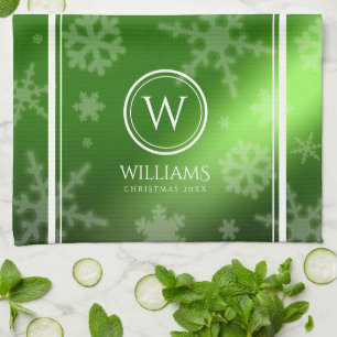 Linge De Cuisine Festif Green Foil Snowflakes Nom du monogramme