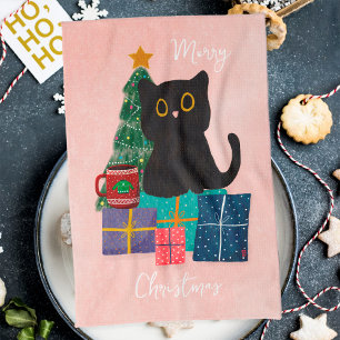 Linge De Cuisine Festif Joyeux Noël Mignon Chat Noir Café Rose