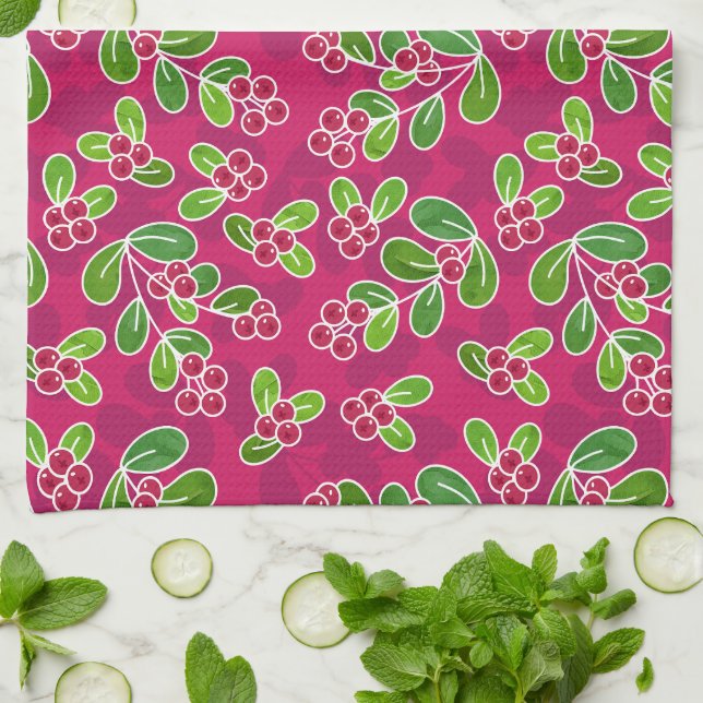 Linge De Cuisine Festif Motif de feuillage de canneberge, Fuchsia (Plié)