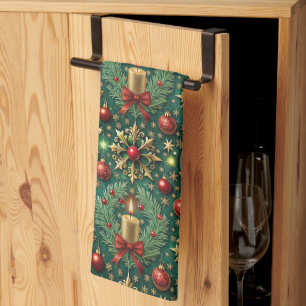 Linge De Cuisine Festif or rouge ornements Snowflakes Noël