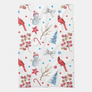 Linge De Cuisine Festif Snowmen Red Cardinals Snow Trees