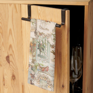 Linge De Cuisine Festif Vintage Noël Oiseau et Ephémère de fleur