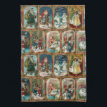 Linge De Cuisine Festive Colorée Ornate Vintage Scènes de Noël<br><div class="desc">Motif de vacances festif et coloré vintage reprenant avec des illustrations de cartes de voeux victoriennes restaurées représentant des scènes du Père Noël et des enfants,  chacune encadrée dans un style orné de vitraux gothiques style bordures d'or ornemental.</div>