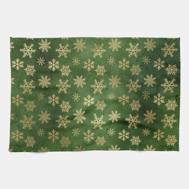 Linge De Cuisine Festive Green et Gold Foil Snowflakes d'hiver (Horizontal)