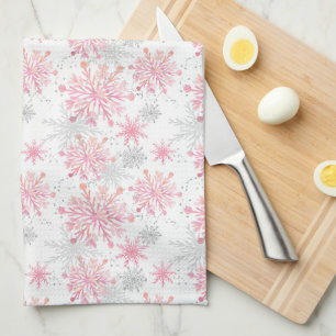 Linge De Cuisine Festive rose grise neige motif carrelé