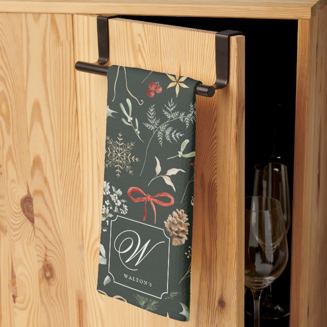 Linge De Cuisine Fête botanique d'hiver Monogramme de Noël (Pliage en tiers)