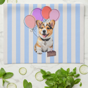 Linge De Cuisine Fête d'anniversaire Corgi rayé bleu et beige
