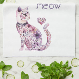 Linge De Cuisine Fête de chat floral cœurs blancs rose violet