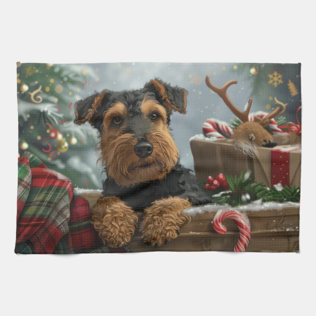 Linge De Cuisine Fête de Noël du chien Airedale (Horizontal)