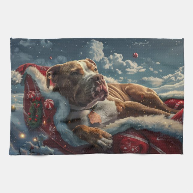 Linge De Cuisine Fête de Noël du chien Pitbull (Horizontal)