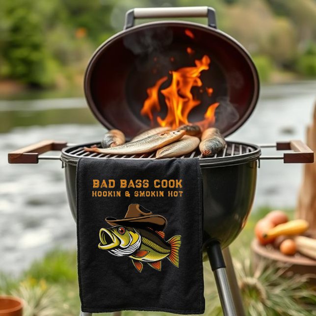 Linge De Cuisine Fête des pères Funny Fish portant un Casquette Cow (Funny Gift for Him-Fathers Day Gift-Bass Fish Wearing a Cowboy Hat-Fisherman Core-Gifts for Him)