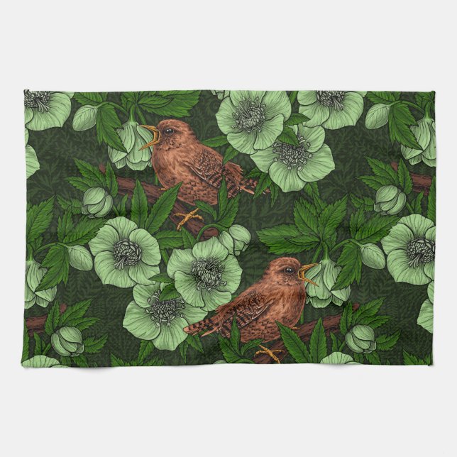 Linge De Cuisine Feu et hellebore sur vert foncé (Horizontal)