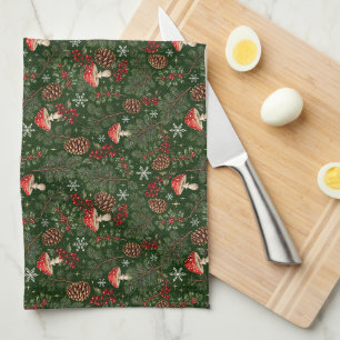 Linge De Cuisine Feuillage de Noël aux champignons des bois