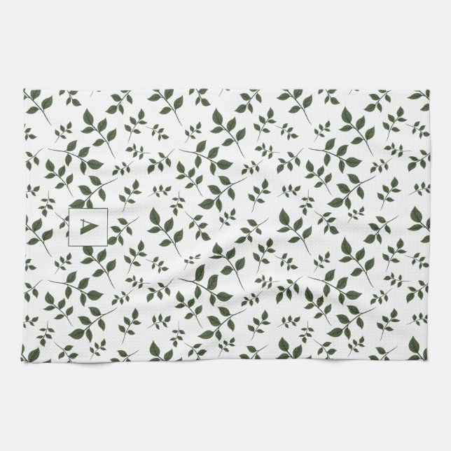 Linge De Cuisine Feuille blanc vert motif (Horizontal)